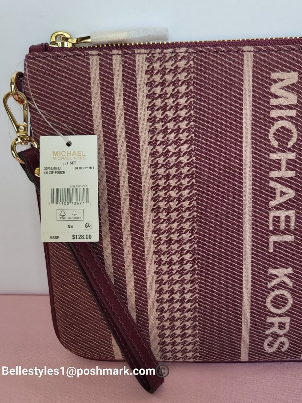 MICHAEL KORS Jet Set Signature Jacquard Large Zip Pouch Wristlet-Dark Berry⭐ - Picture 15 of 15